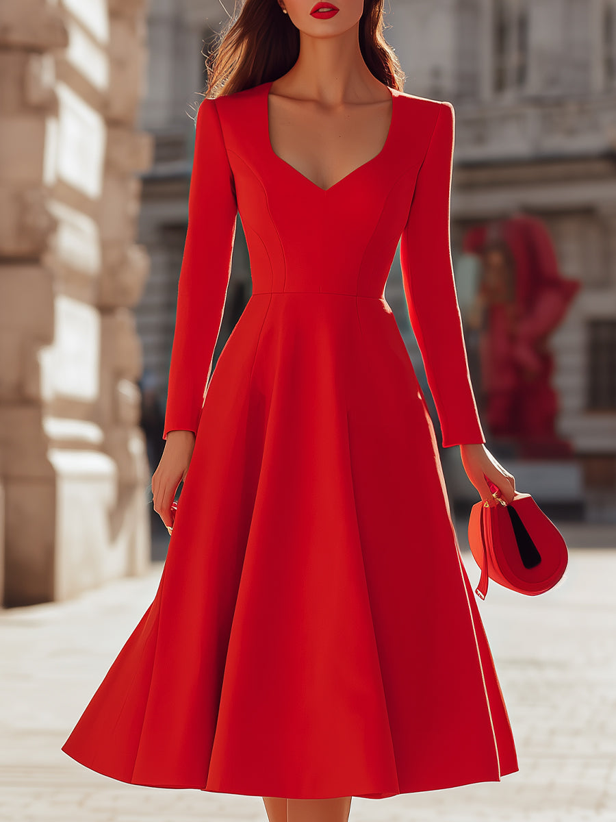 Elegant Red V - Neck Midi Fit - And - Flare Dress MollyBoo