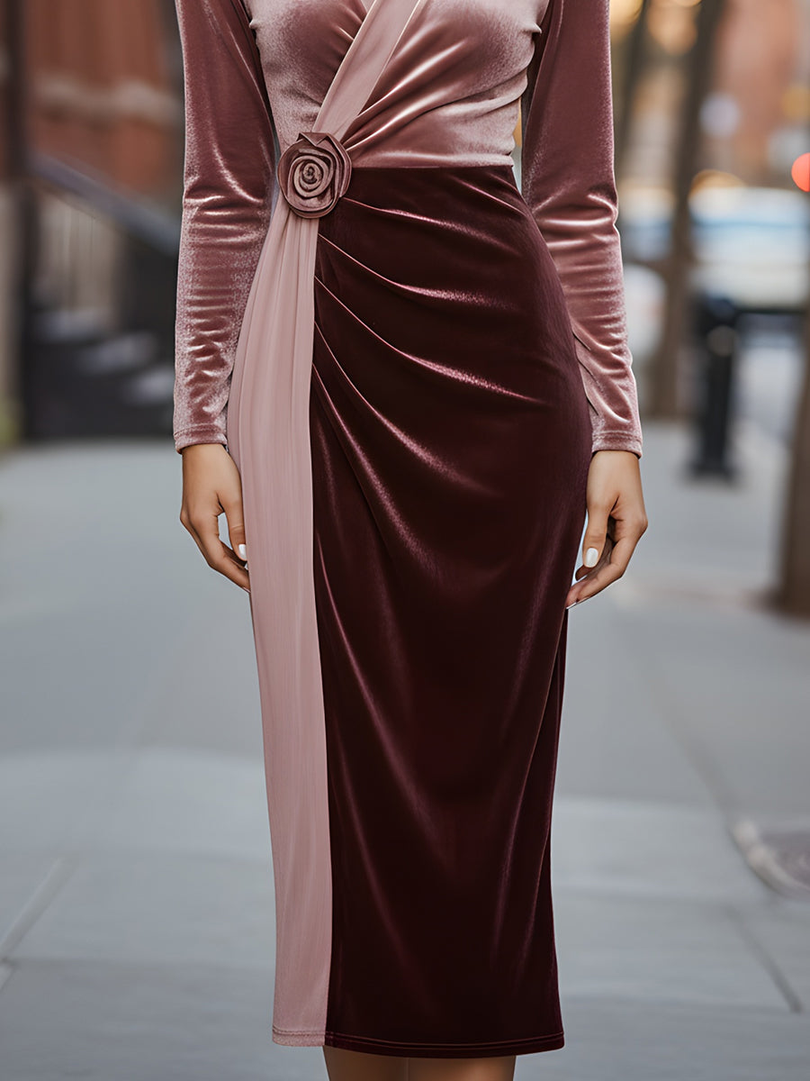 Flower Decoration Velvet Contrast Midi Dress MollyBoo