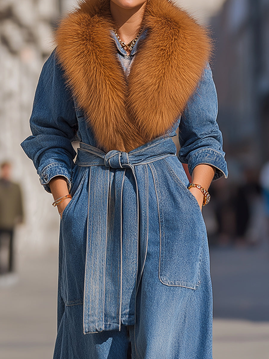 Mooyius Faux Fur Collar Belted Denim Maxi Coat MollyBoo