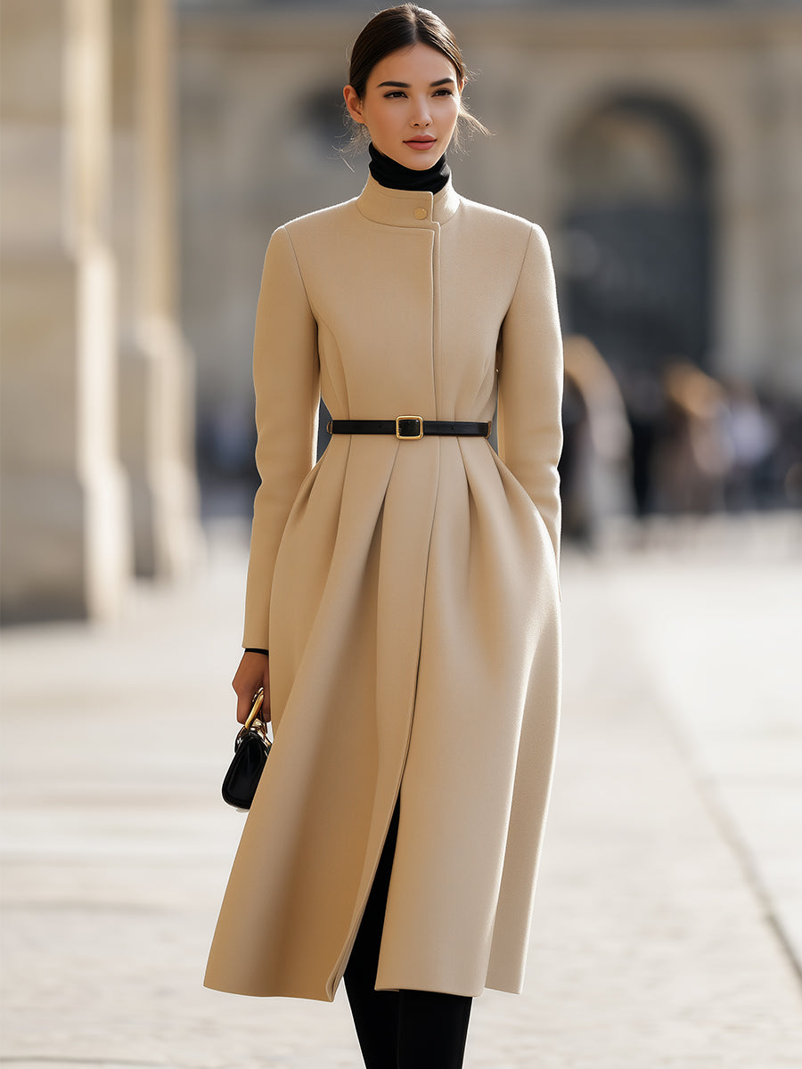 Elegant Beige Belted Midi Coat MollyBoo