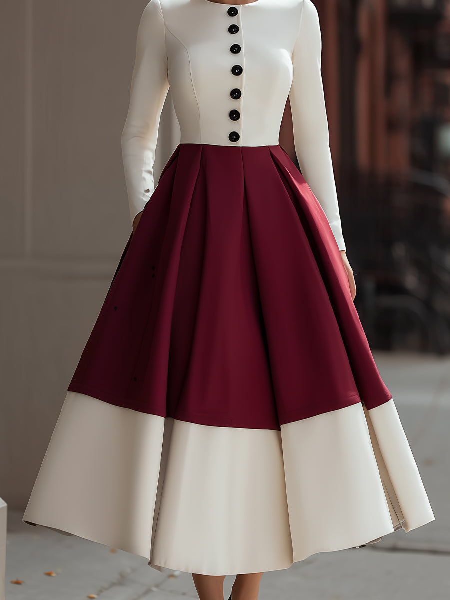 Ivory And Burgundy Colorblock Midi Dress With Button Detail MollyBoo