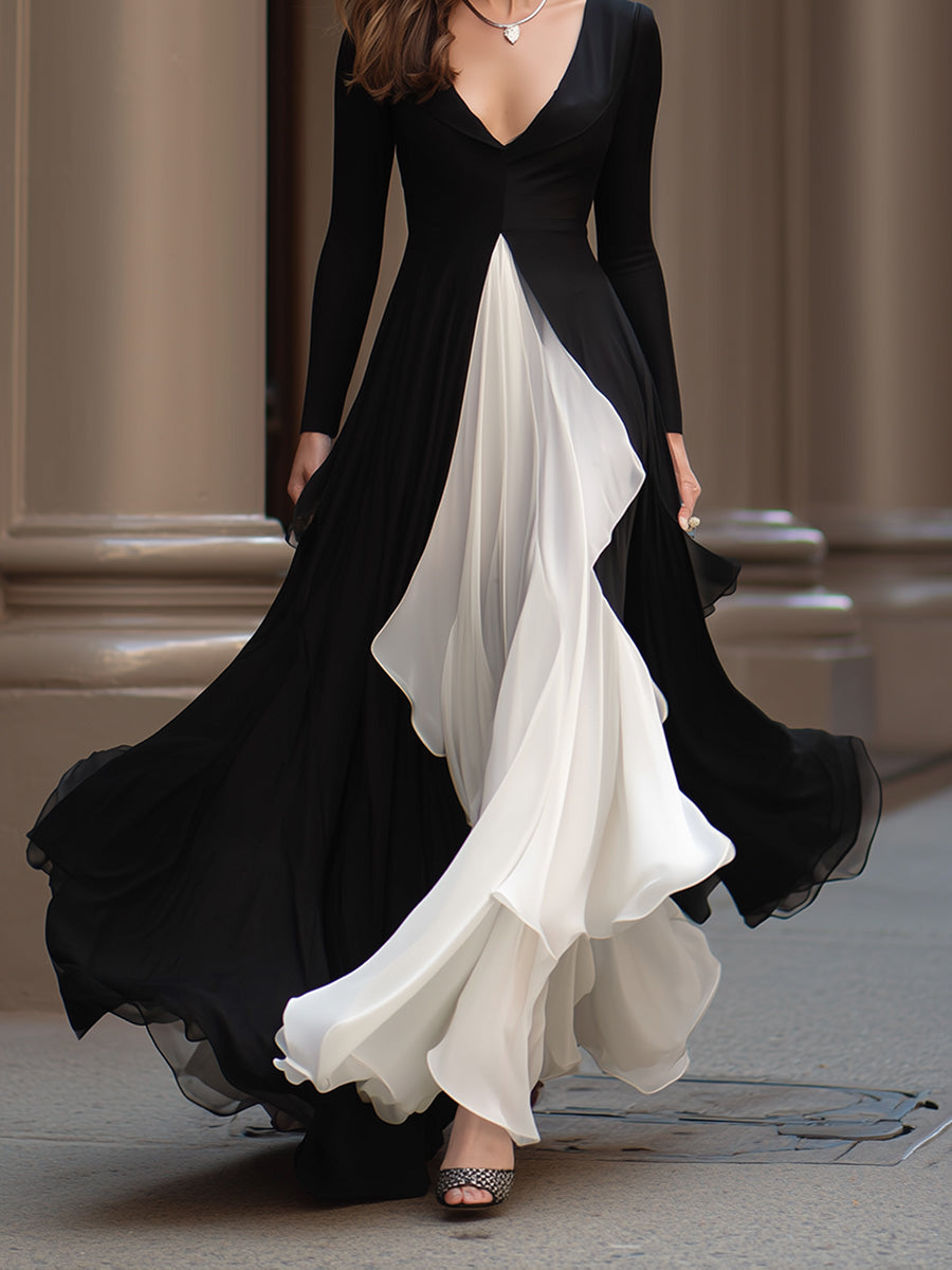 Monochrome Flowing Evening Gown With Contrast Panels MollyBoo