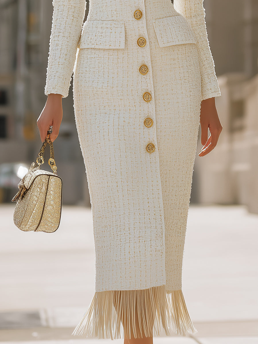 Elegant Tweed V - Neck Fringed Dress MollyBoo