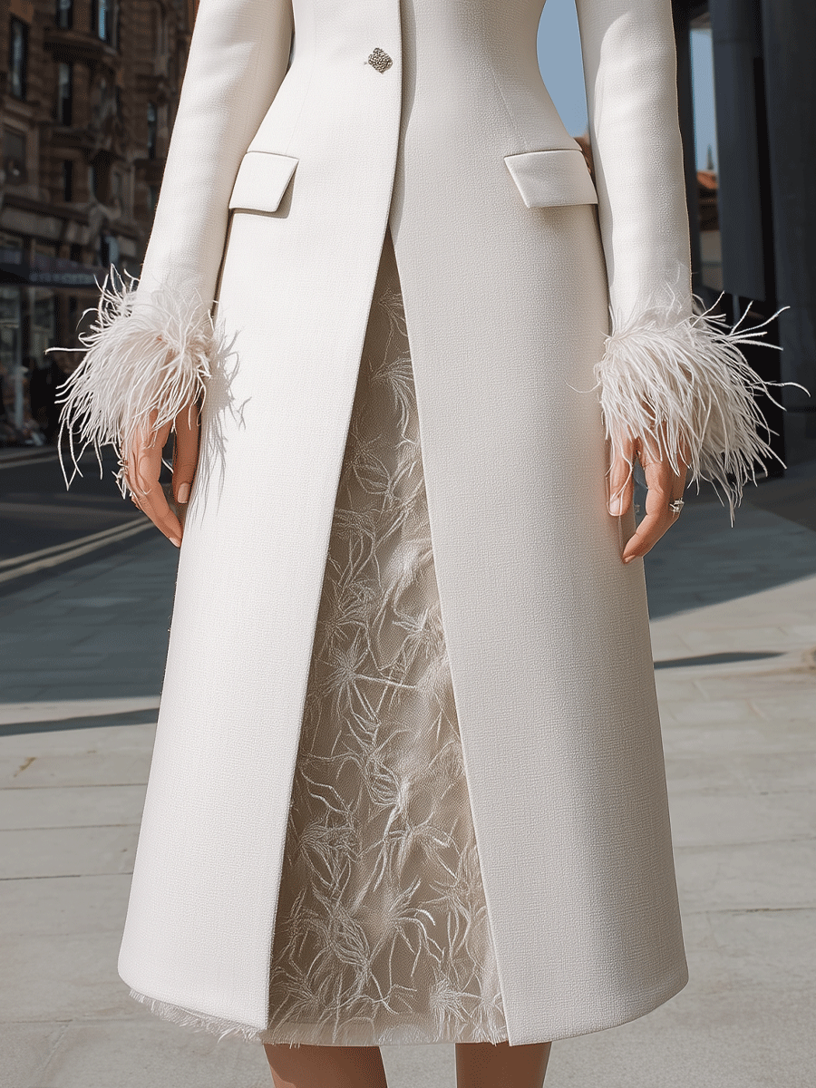 Ivory Feather-Cuff Embellished Longline Coat Dress MollyBoo