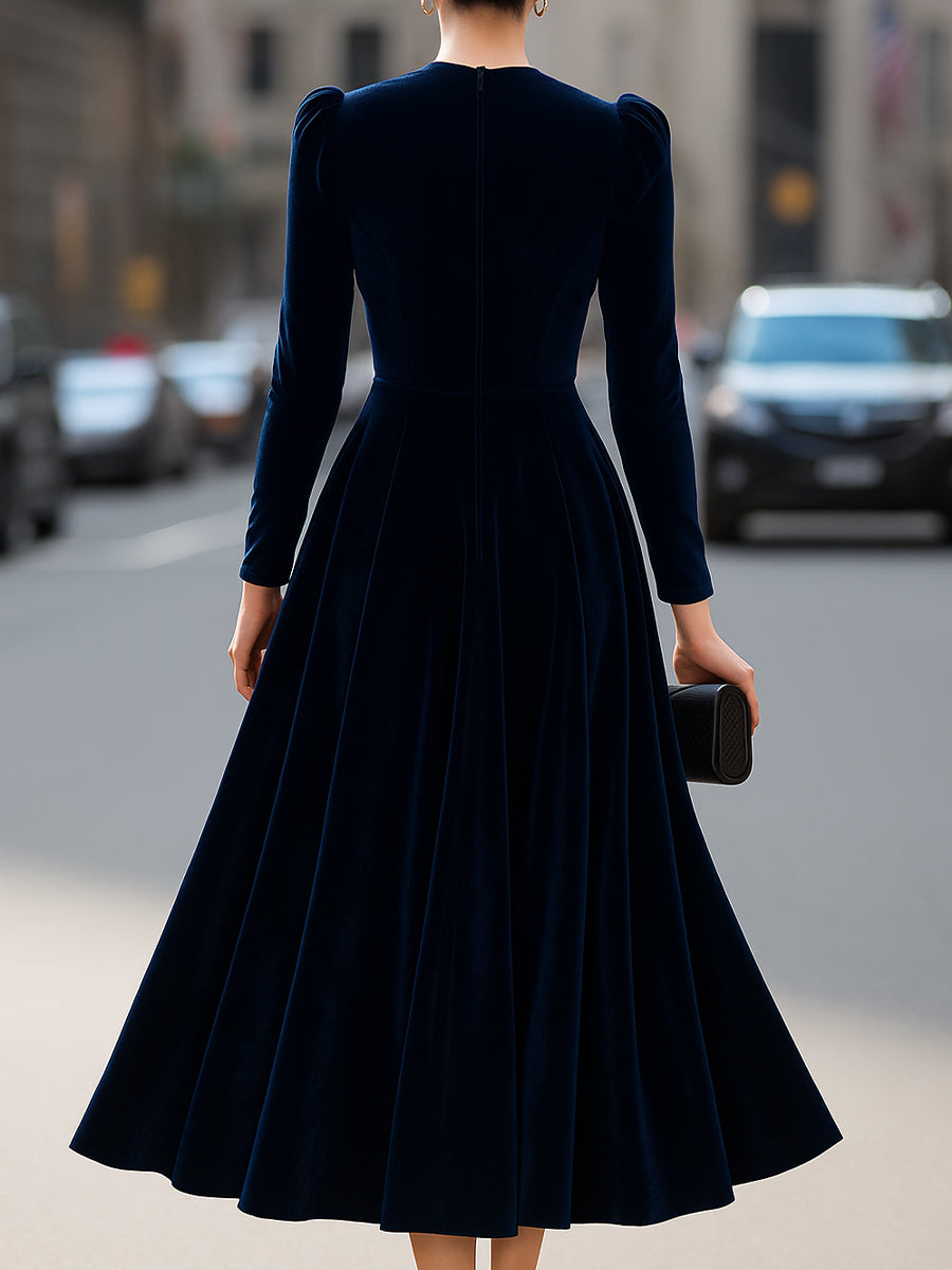 Luxurious Navy Blue Velvet Long-Sleeve Midi Dress MollyBoo