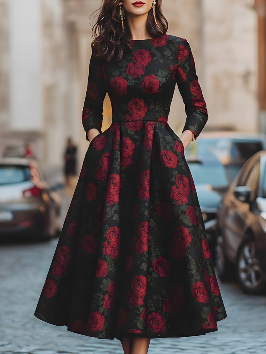 Elegant Jacquard Rose Print Midi Dress MollyBoo