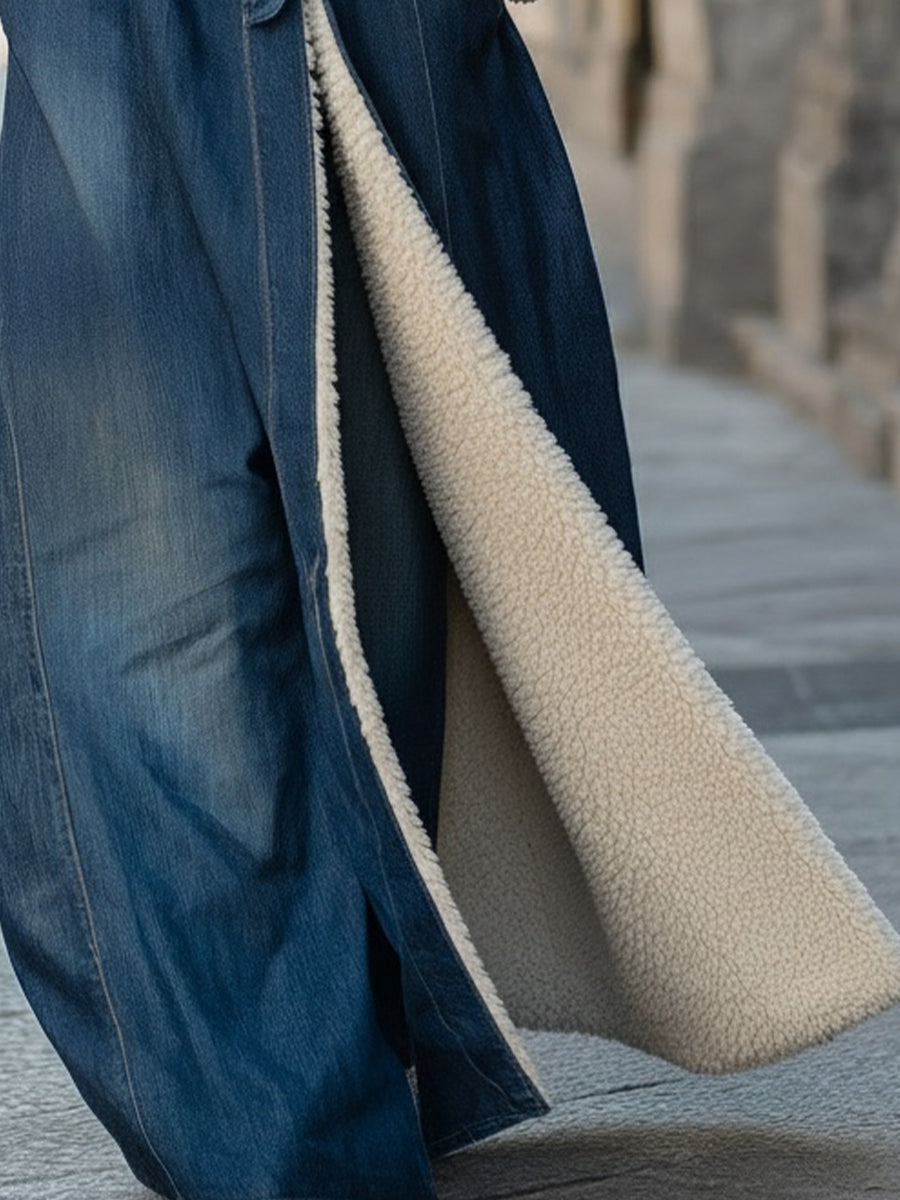 Mooyius Faux Fur Collar Longline Denim Coat MollyBoo