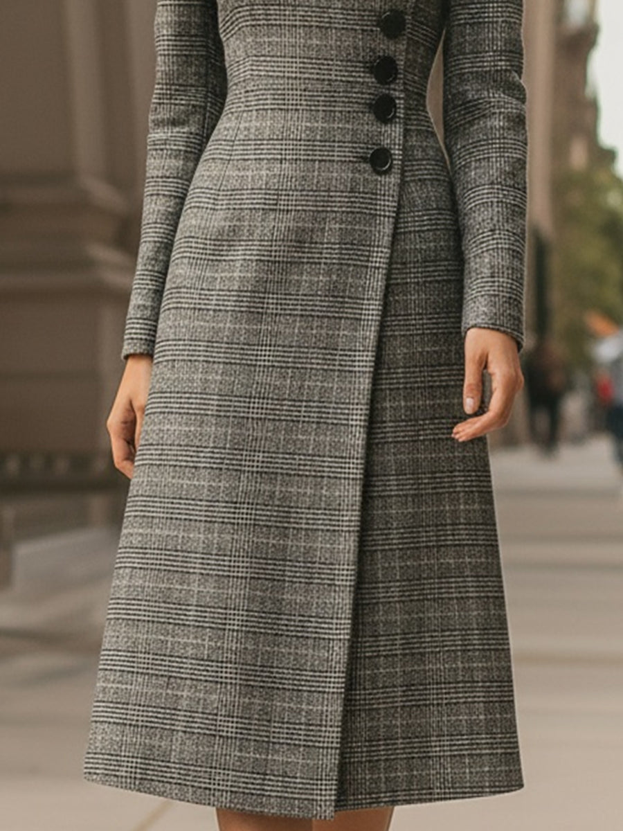 Elegant Plaid Asymmetric Button - Front Midi Dress MollyBoo