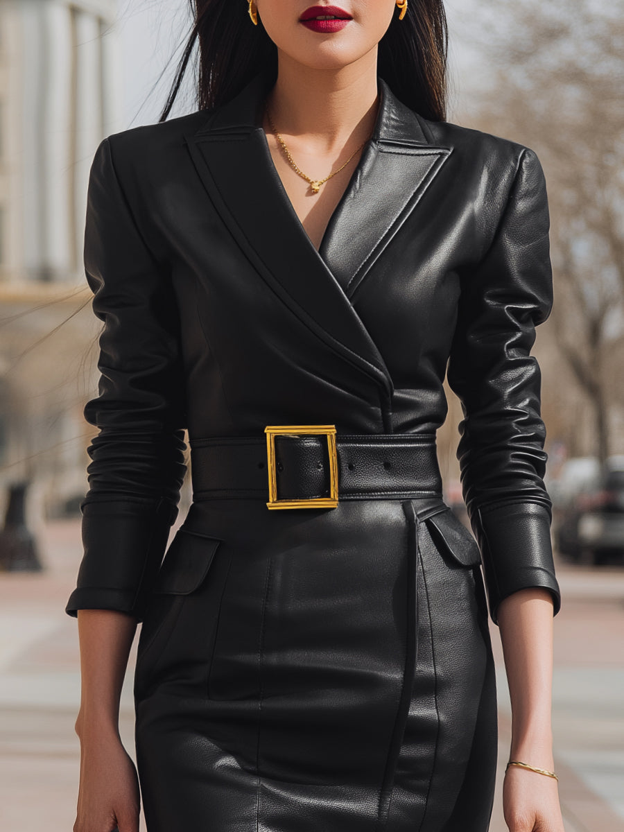 Faux Leather Belted Blazer Dress MollyBoo
