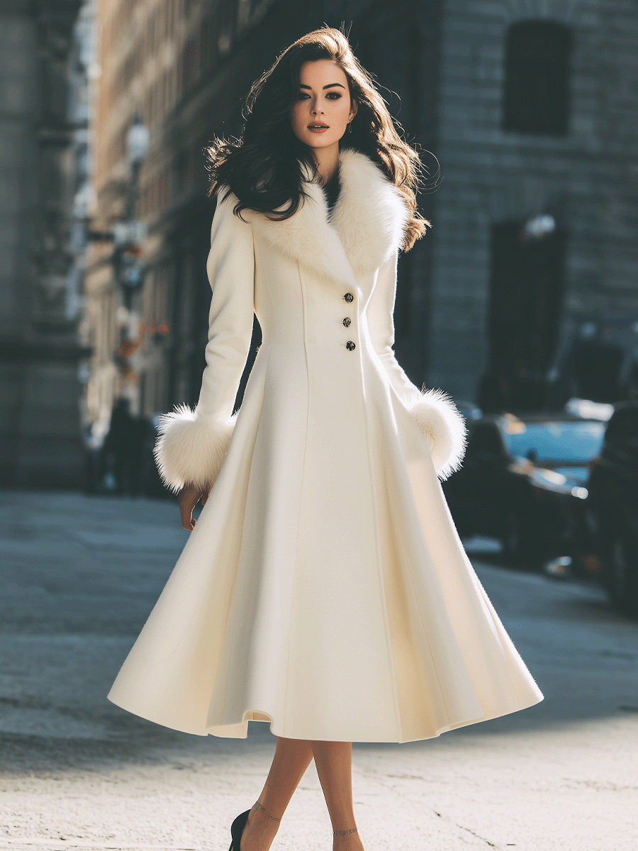 Ivory Flared Coat With Faux Fur Collar And Cuffs MollyBoo
