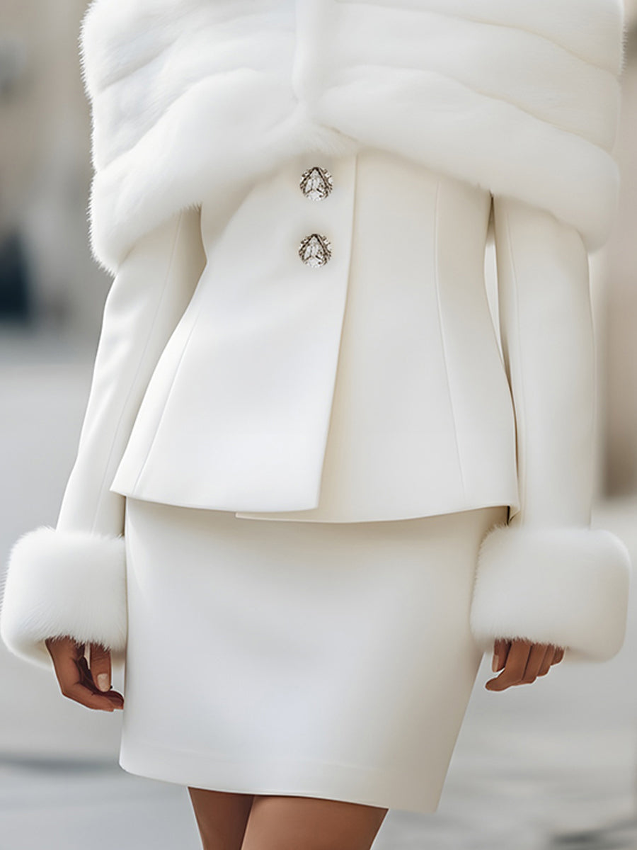 Elegant Off-Shoulder Skirt Suit With Detachable Faux Fur Trim MollyBoo