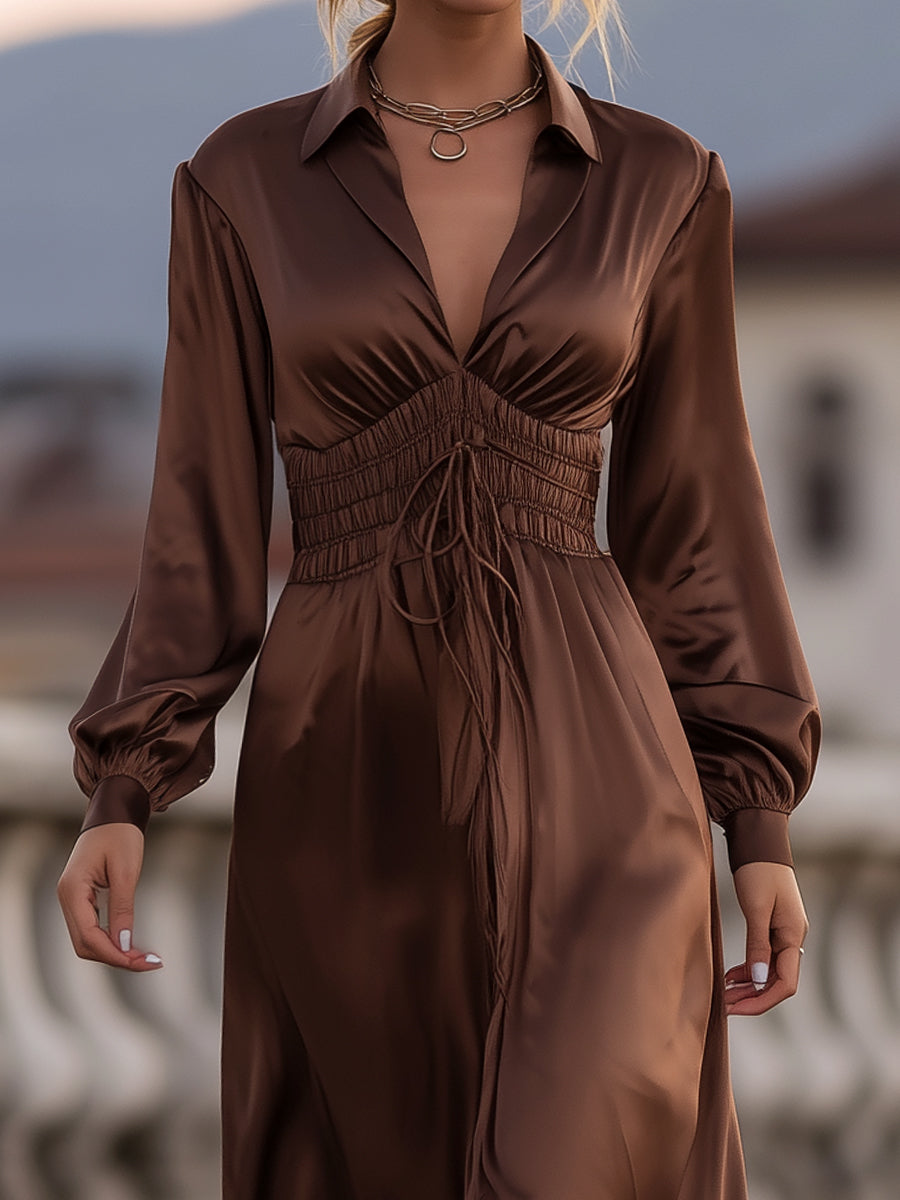 Mooyius Satin Cinched Waist Maxi Dress In Mocha Brown MollyBoo