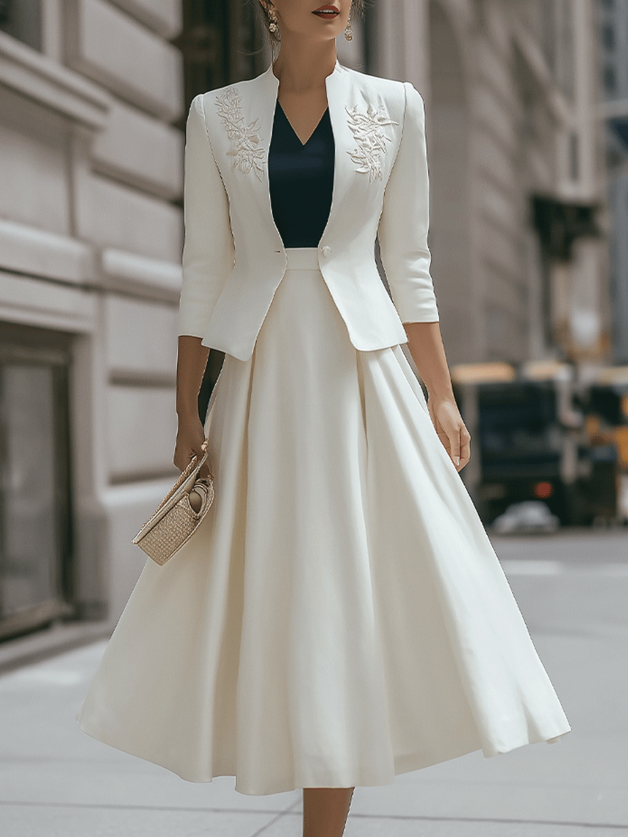 Ivory Embroidered Cropped Blazer And Midi Skirt Set MollyBoo