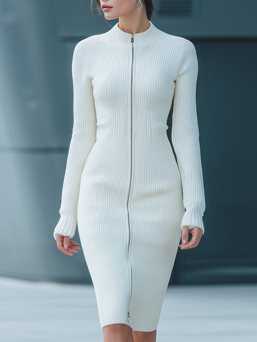 Mooyius White Ribbed Knit Zip Midi Dress MollyBoo
