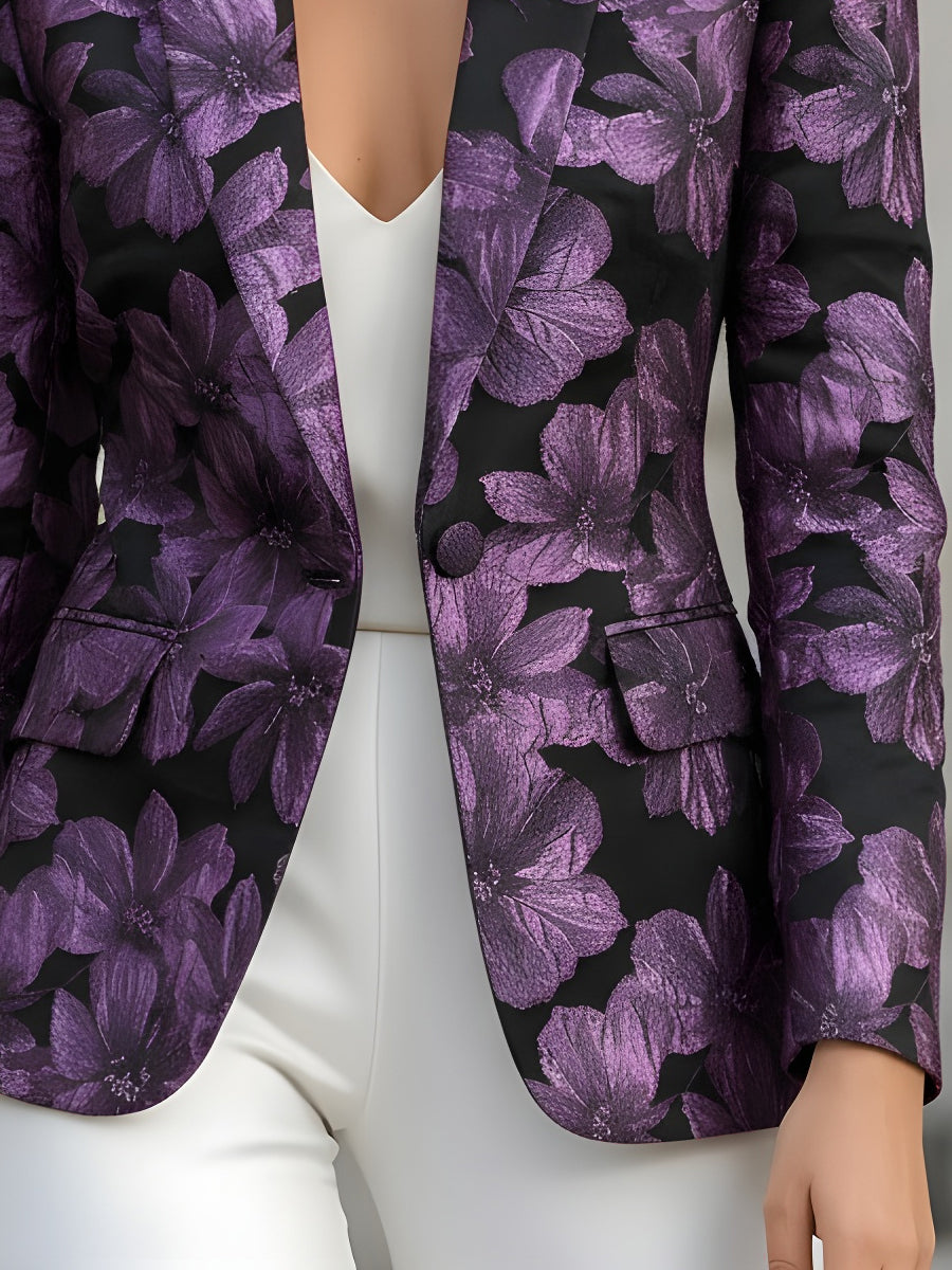 Purple Floral Jacquard Pattern Blazer MollyBoo
