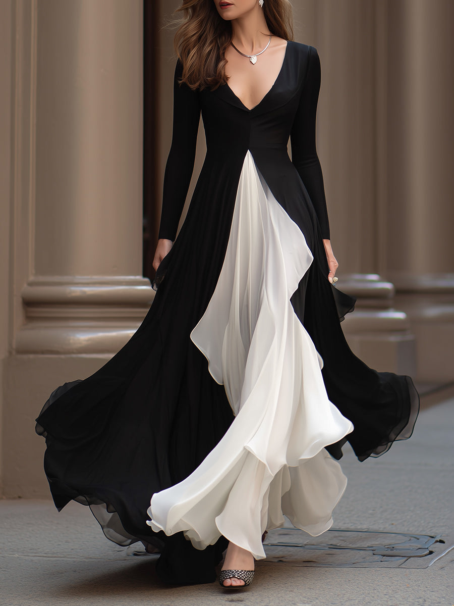 Monochrome Flowing Evening Gown With Contrast Panels MollyBoo