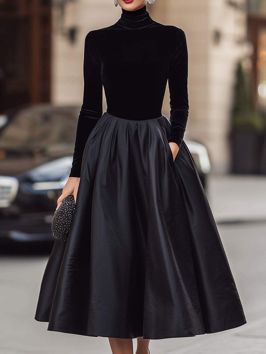Elegant Black Velvet And Satin Midi Dress MollyBoo