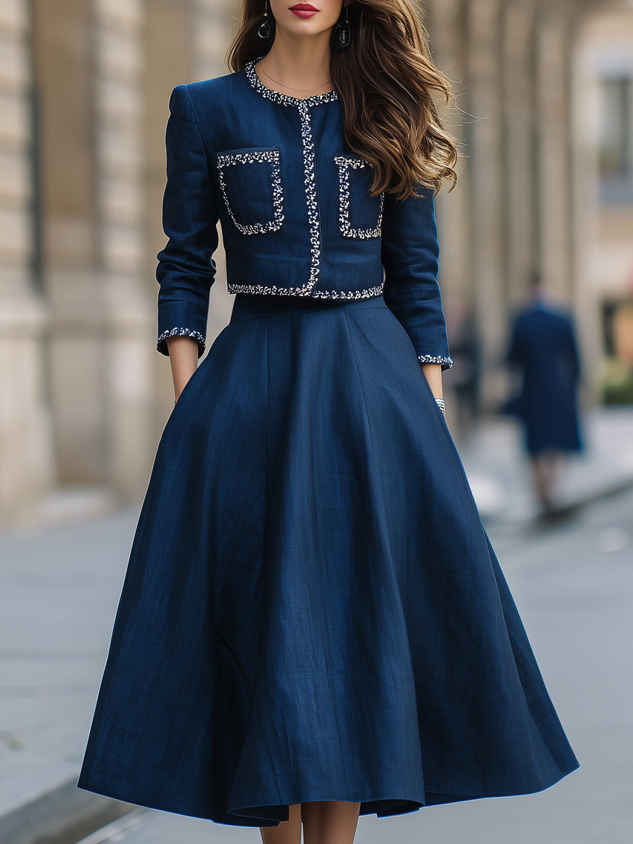 Elegant Silver Trim Cropped Jacket And Midi Skirt Set MollyBoo