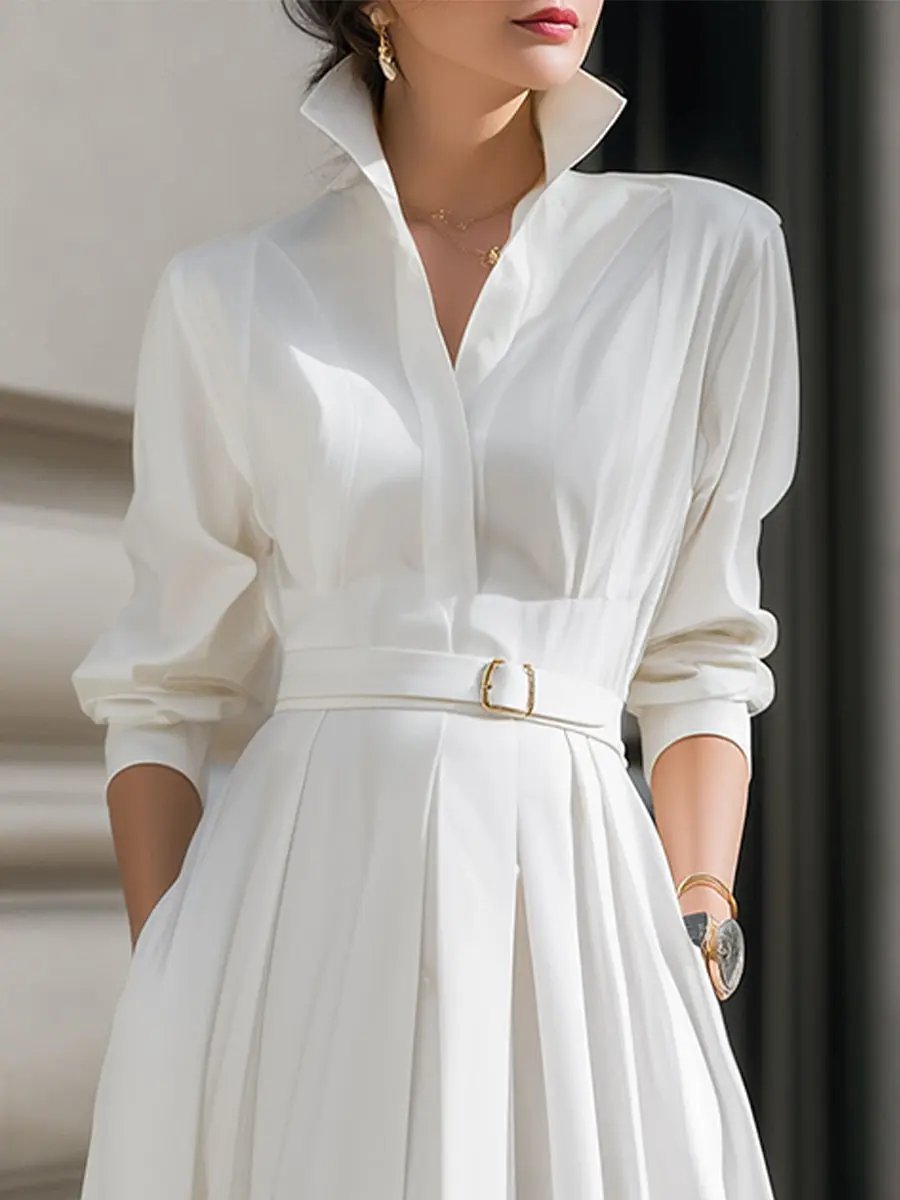 Elegant Plain Belted Shirt Dress With Pleated Skirt MollyBoo
