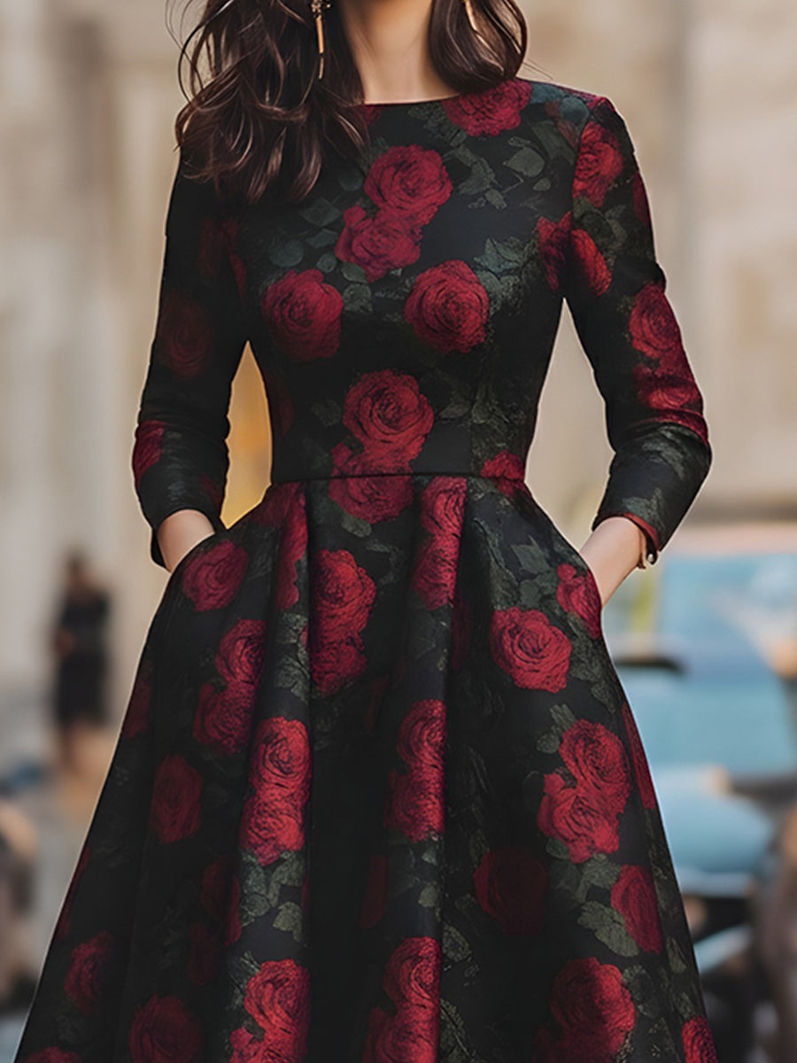 Elegant Jacquard Rose Print Midi Dress MollyBoo