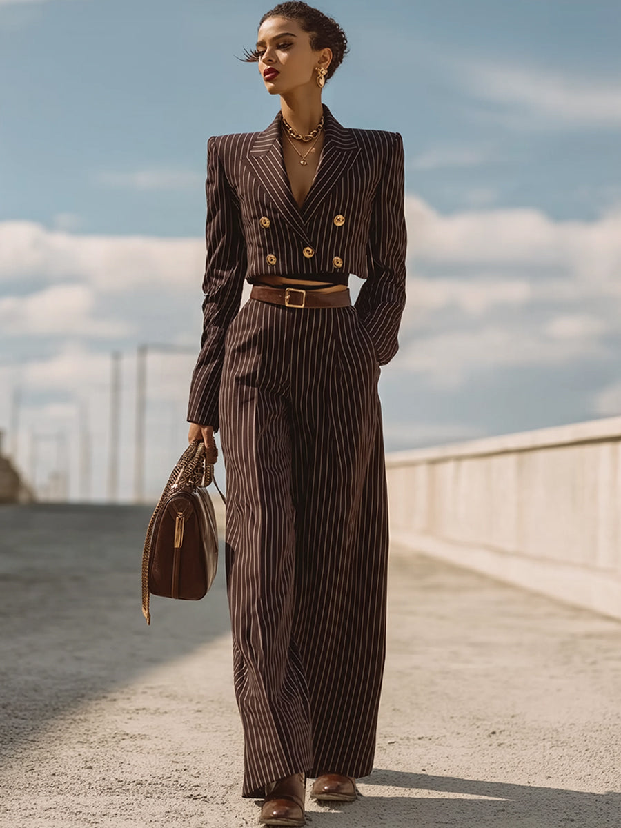 Mooyius Brown Pinstripe Cropped Blazer Suit Set MollyBoo