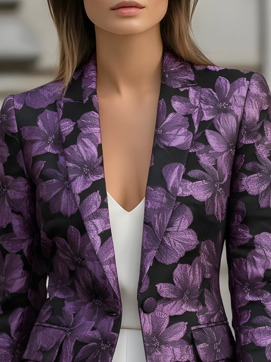 Purple Floral Jacquard Pattern Blazer MollyBoo