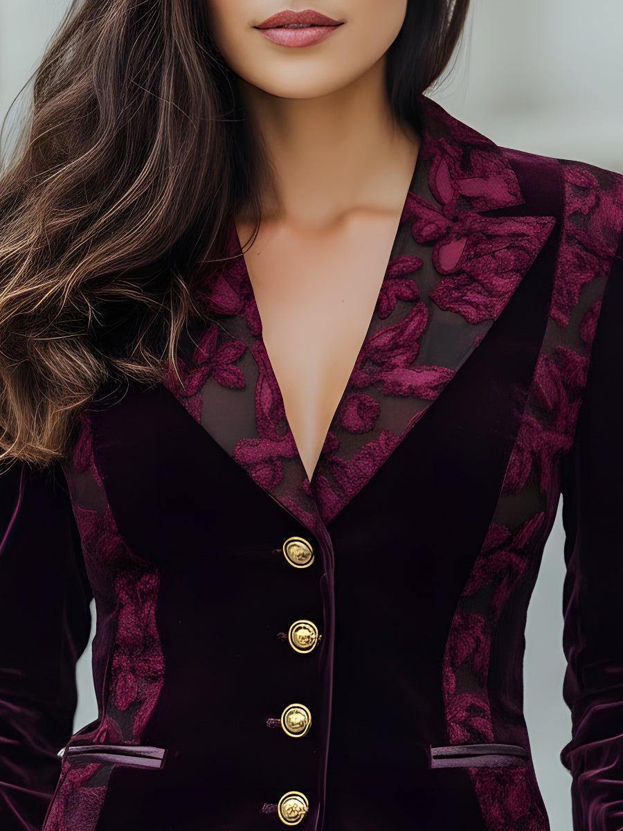 Velvet Blazer With Sheer Jacquard Floral Panels MollyBoo