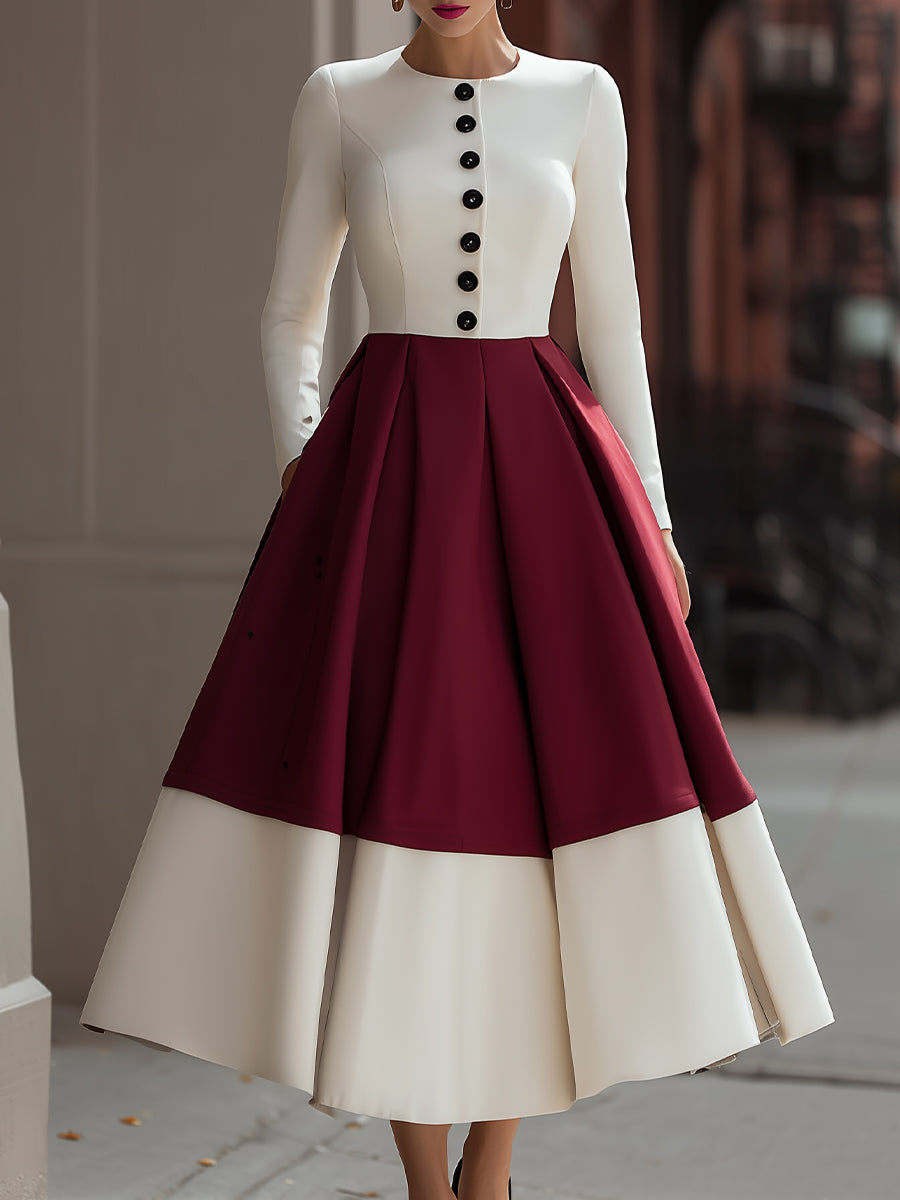 Ivory And Burgundy Colorblock Midi Dress With Button Detail MollyBoo