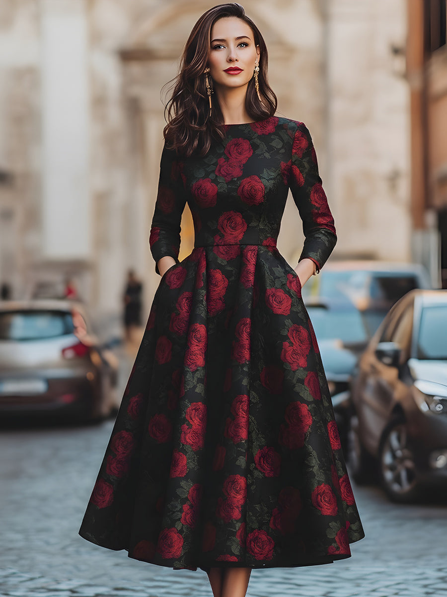 Elegant Jacquard Rose Print Midi Dress MollyBoo
