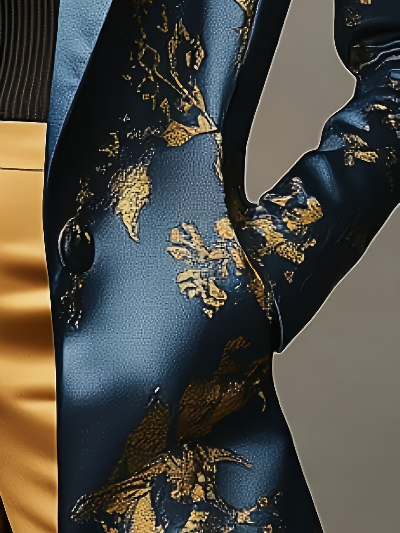 Casaco elegante azul e dourado floral para mulheres - Vestuário exterior formal e de luxo para todos os dias, jaqueta comprida até ao joelho com fecho de botão único, roupa feminina sofisticada para todas as estações para festas, escritório MollyBoo