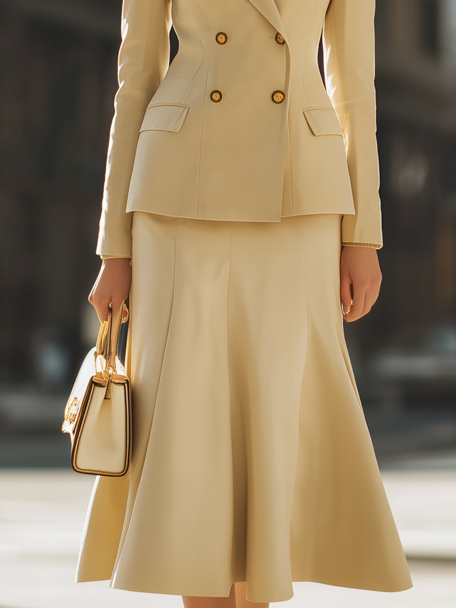 Elegant Beige Double - Breasted Blazer And Midi Skirt Set MollyBoo