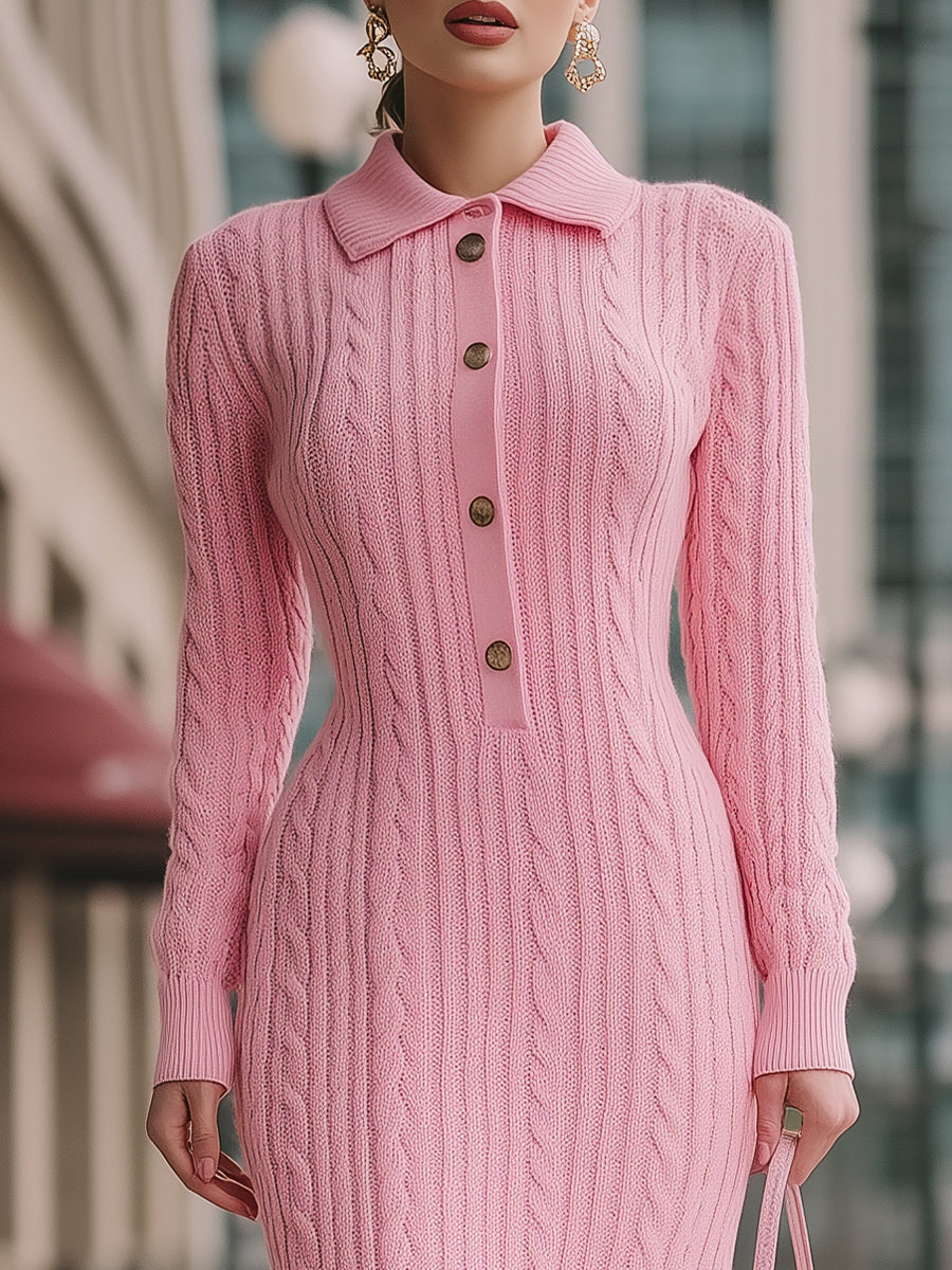 Sweet Pink Cable - Knit Polo Midi Dress MollyBoo