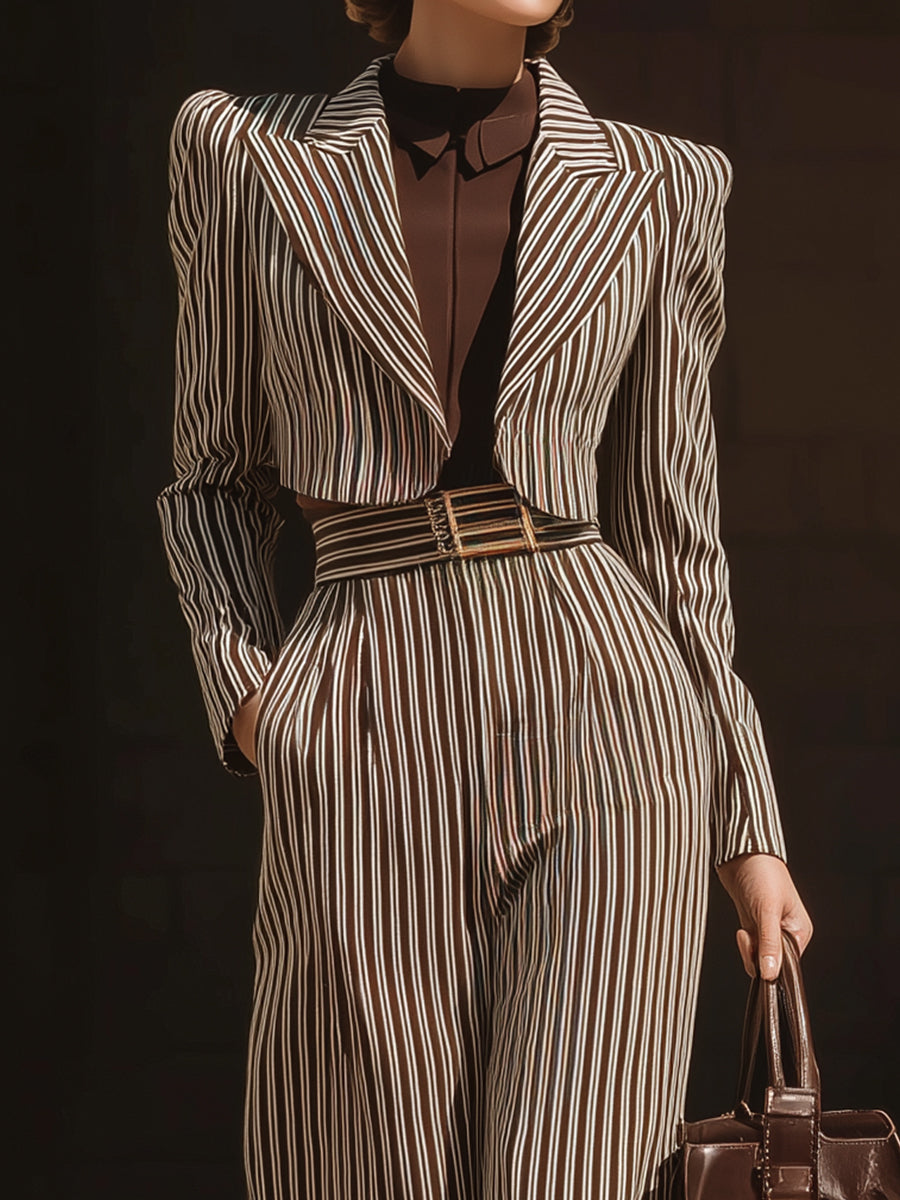 Mooyius Beige & Brown Pinstripe Tailored Suit Set MollyBoo