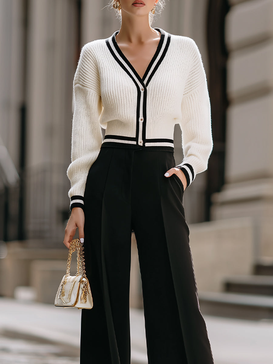 White And Black Contrast Knit Top With Wide - Leg Trousers Set MollyBoo