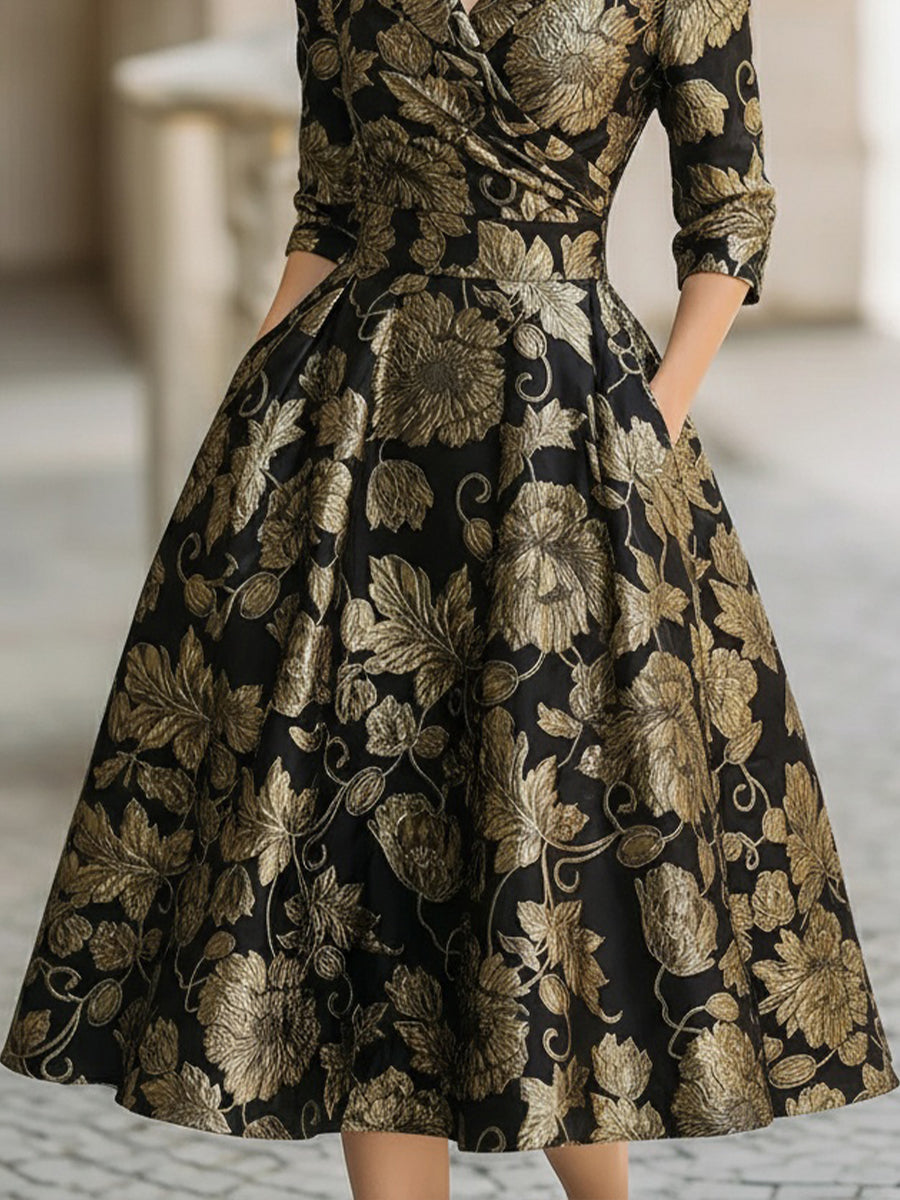 Mooyius Black & Gold Jacquard Floral Midi Dress MollyBoo