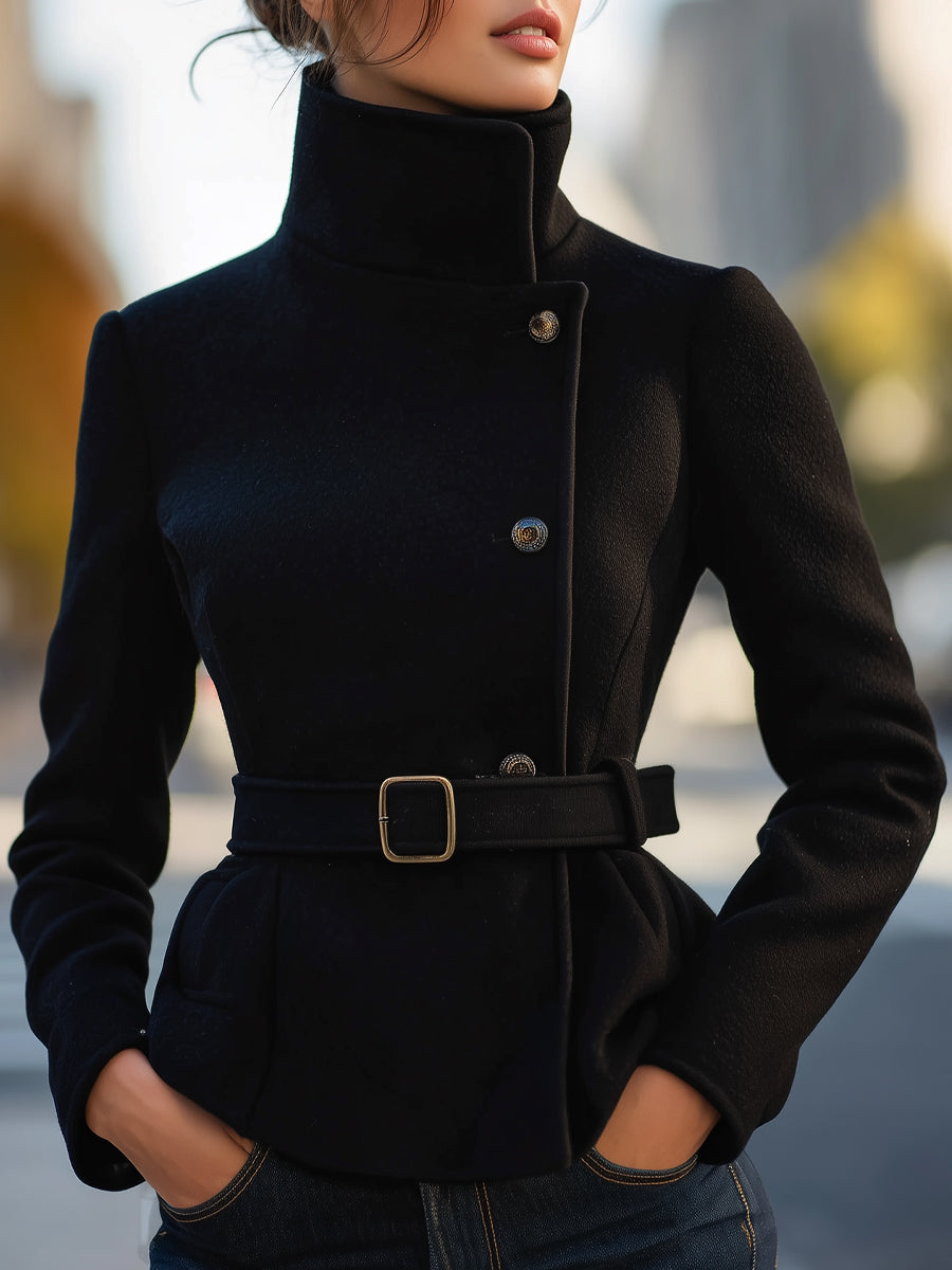Elegant Black Belted Wool Blend Coat MollyBoo