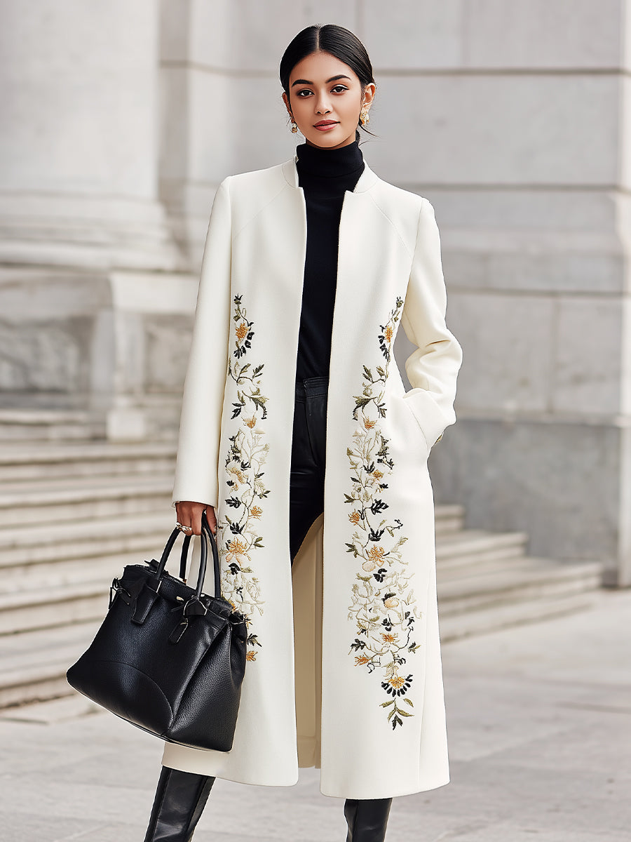 Ivory Embroidered Longline Coat MollyBoo