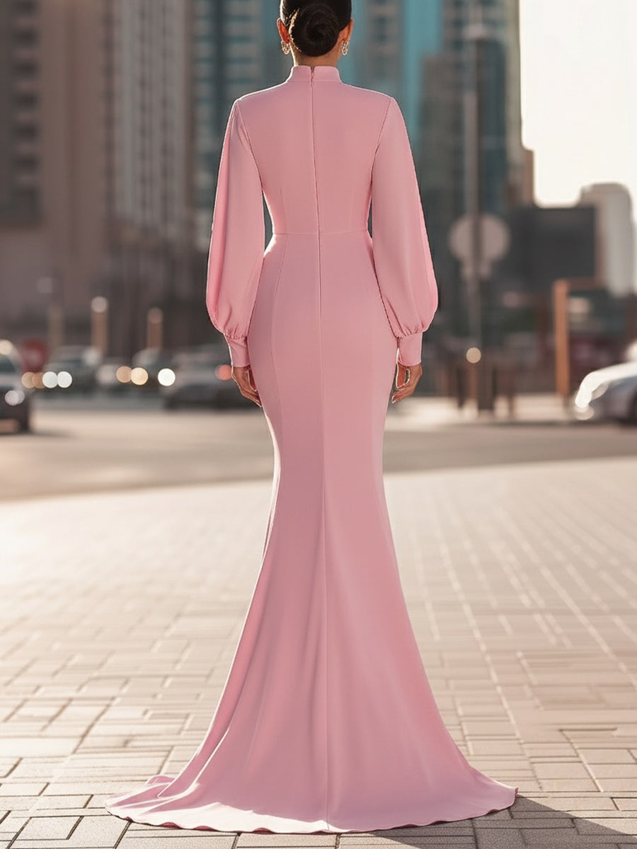 Elegant Blush Pink High-Neck Mermaid Gown With Balloon Sleeves MollyBoo
