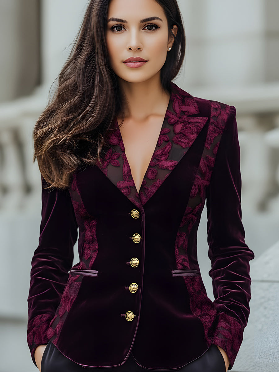 Velvet Blazer With Sheer Jacquard Floral Panels MollyBoo