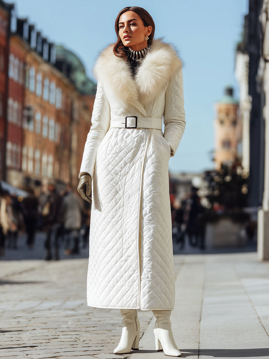 Ivory Quilted Coat With Faux Fur Collar And Belted Waist MollyBoo