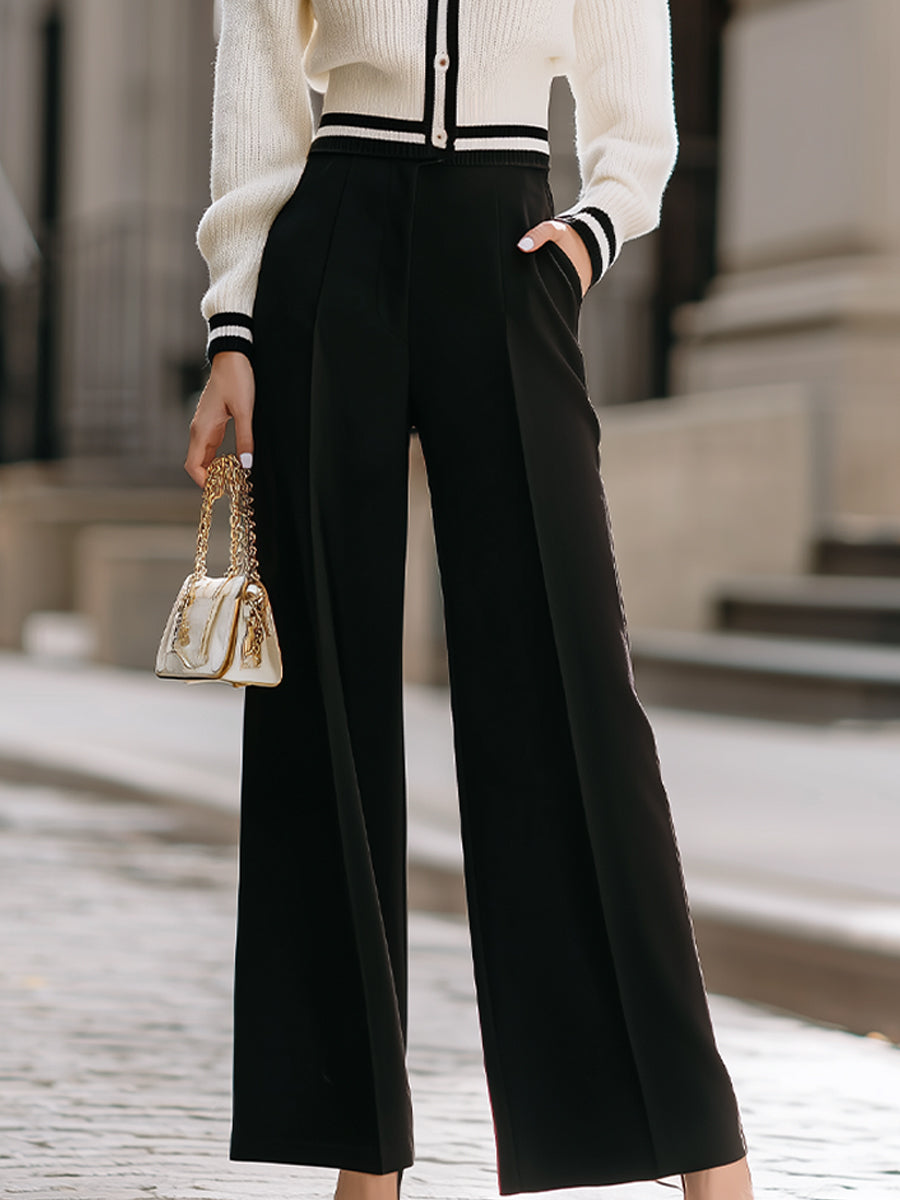 White And Black Contrast Knit Top With Wide - Leg Trousers Set MollyBoo