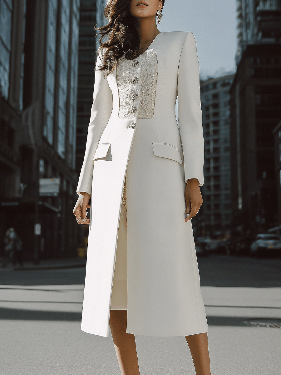Ivory Longline Coat With Textured Contrast Panel And Silver Buttons MollyBoo