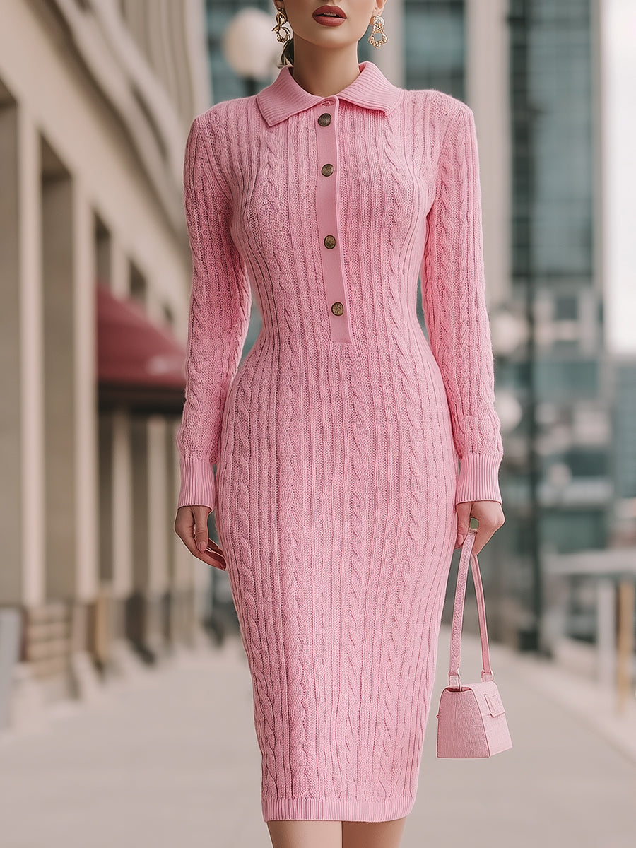 Sweet Pink Cable - Knit Polo Midi Dress MollyBoo