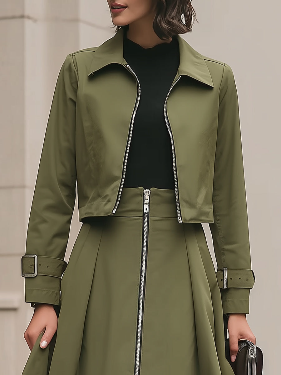 Stylish Olive Green Zip - Detailed Suit Set MollyBoo