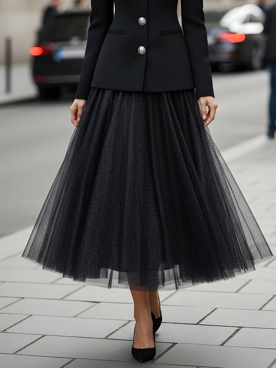 Square-Neck Blazer With Tulle Midi Skirt Set MollyBoo