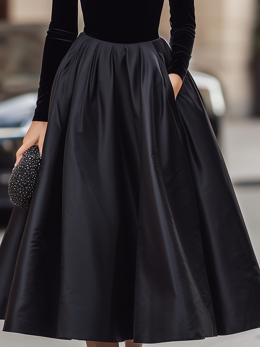 Elegant Black Velvet And Satin Midi Dress MollyBoo