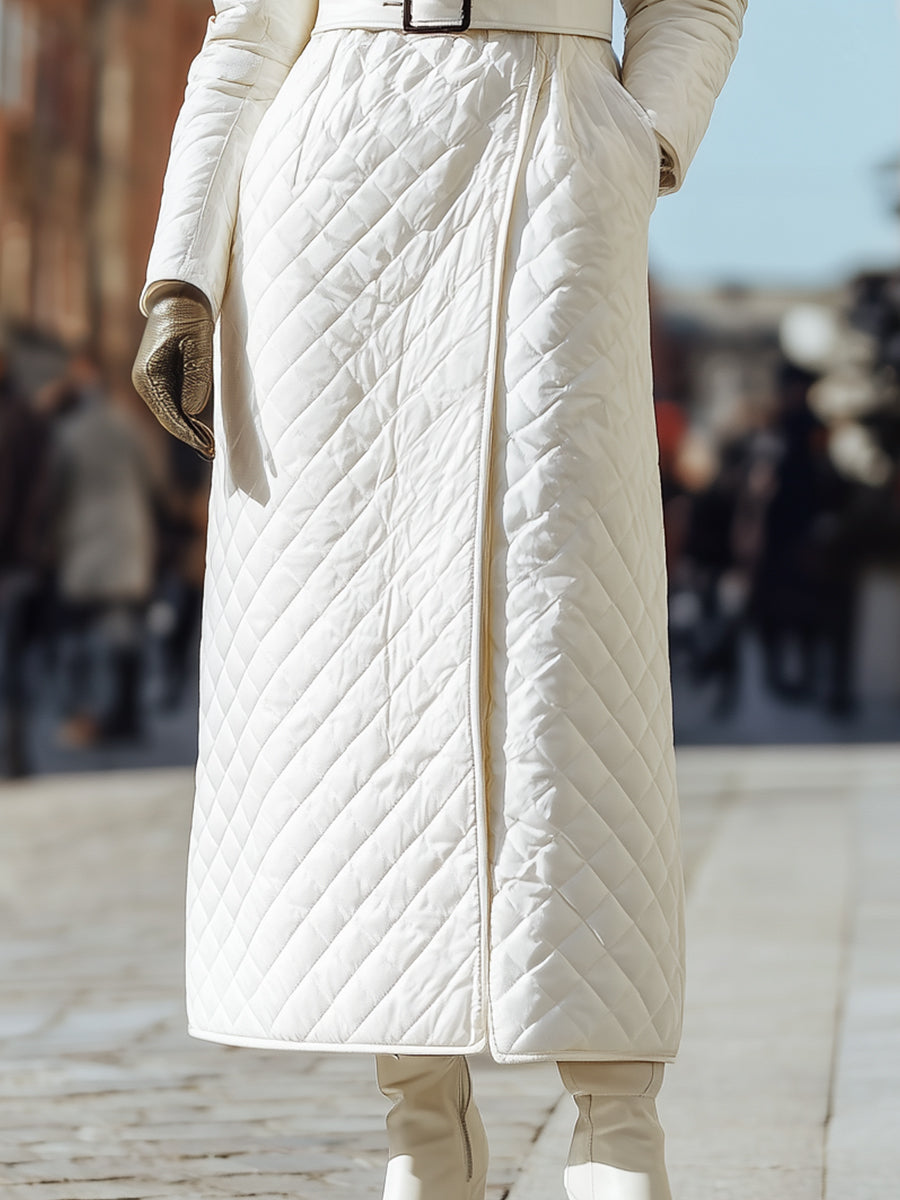 Ivory Quilted Coat With Faux Fur Collar And Belted Waist MollyBoo