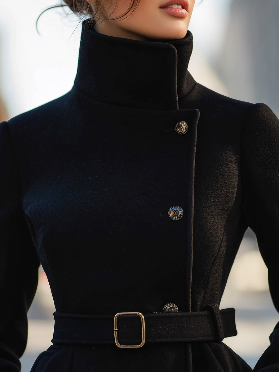 Elegant Black Belted Wool Blend Coat MollyBoo