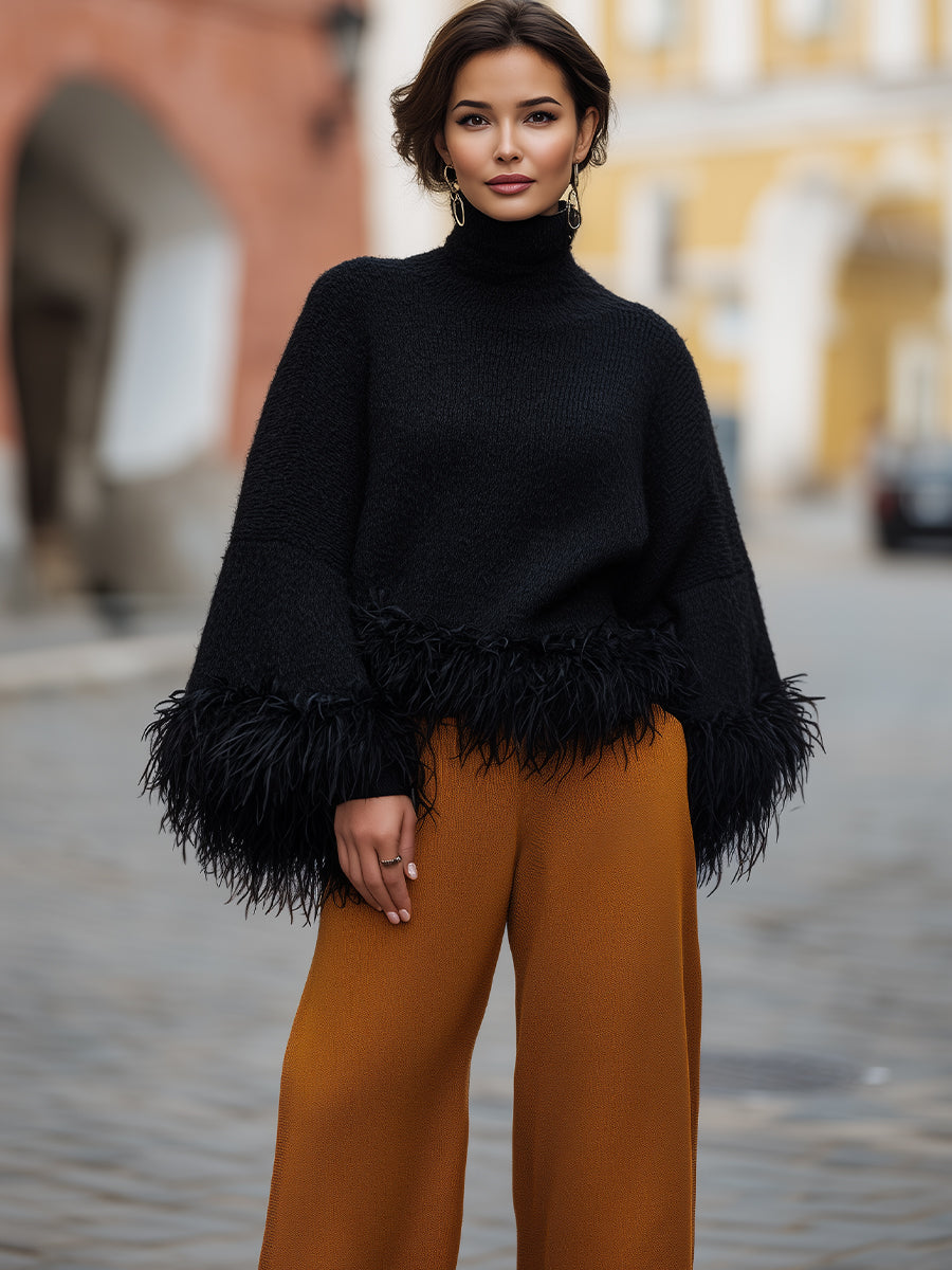 Turtleneck Knit Sweater With Feather Trim MollyBoo