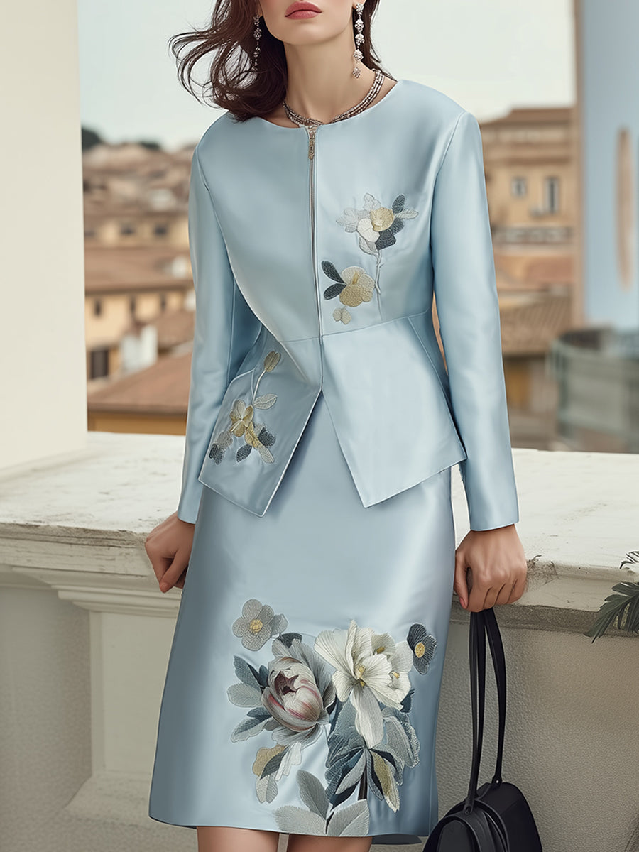 Elegant Light Blue Embroidered Skirt Suit With Zip-Up Jacket MollyBoo